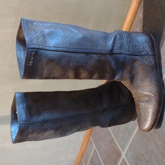 Prada Brown silver metal logo under the knee leather cut out boots size37.5 - Picture 10 of 11